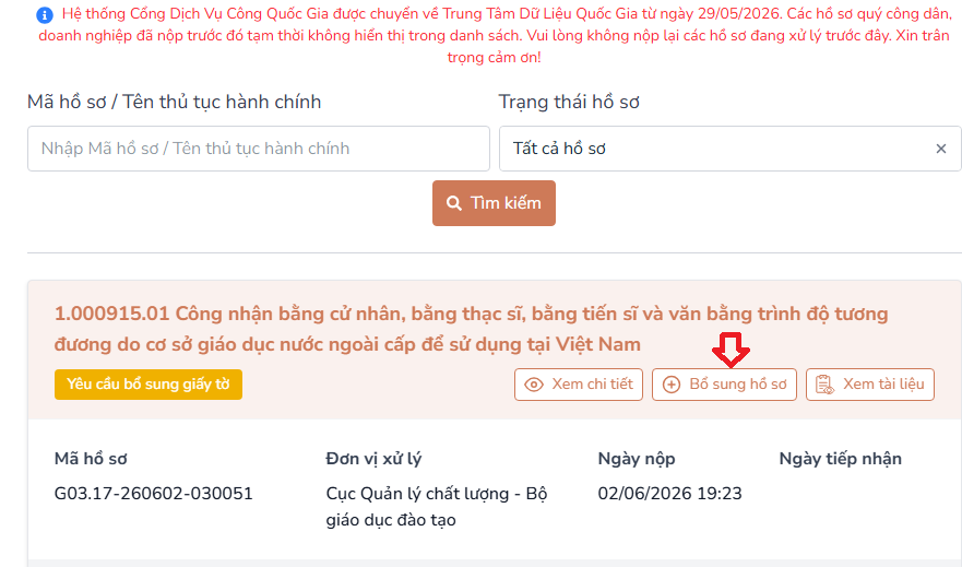 Chọn mục Bổ sung hồ sơ