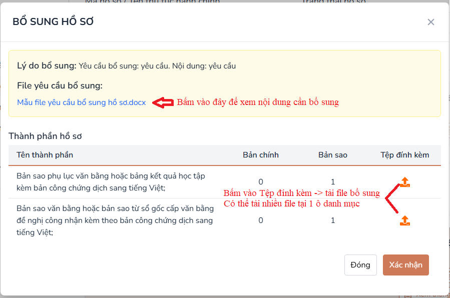 Lưu ý tải đầy đủ các mục cần bổ sung